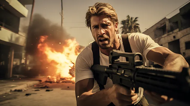 Ταπετσαρία Το Villain of Extraction 2 ποζάρει με το M42 GUn στο δρόμο 4K