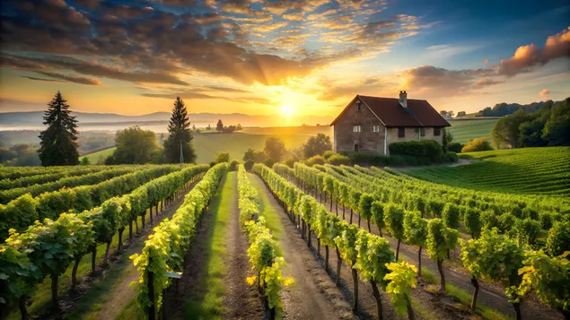 葡萄园在温暖的阳光下与乡村农舍 4K 壁纸