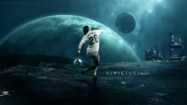vinicius jr. bons bal in die ruimte met 'n wit trui in 'n planeet-tema-ontwerp aflaai