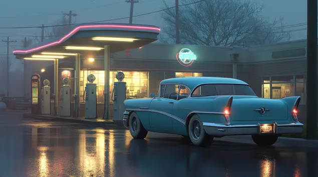 starinski automobil na retro servisnoj pumpi tokom kisne noci preuzmi