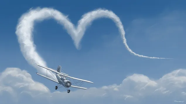 Vintage biplan tegning hjerte i klar blå himmel 2K baggrundsbillede