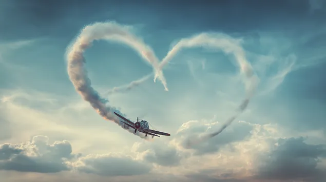 Vintage biplan tegning hjerte i himlen med røg 2K baggrundsbillede