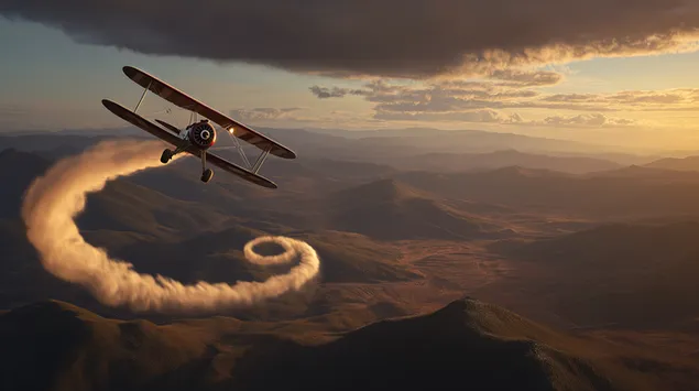 prezemete vintidzh biplan koj kruzhi nad planinite pri zajdisontse