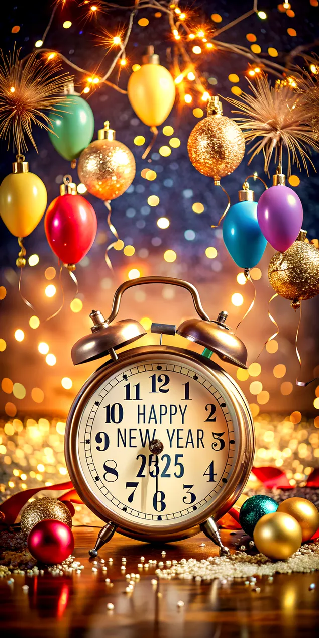 Винтидж часовник с обратно броене, заобиколен от празнична украса за Нова година 2025 2K тапет