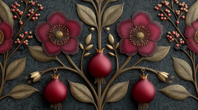 Vintage Damask Design with Pomegranate and Floral Motifs 2K wallpaper
