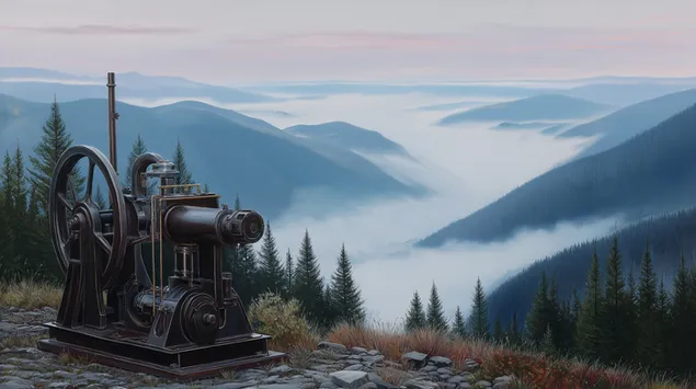 maquina antigua en un panorama montanoso cubierto de niebla descargar