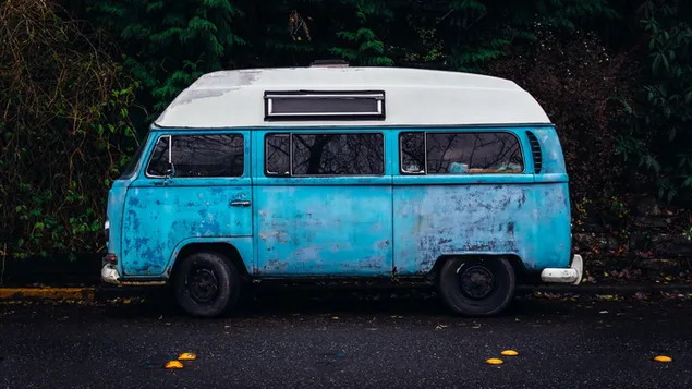 Vintage old blue van park in a side road
