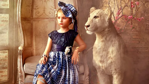 Weinlese-Porträt des Mädchens und des weißen Tigers
