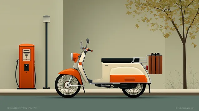 Винтажный скутер, припаркованный на тротуаре рядом с бензоколонкой 2K обои