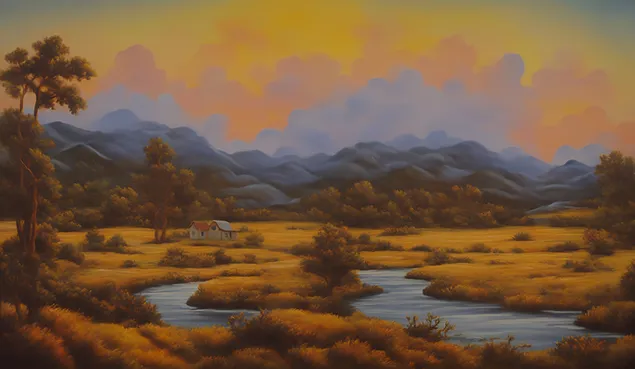 Pintura de paisaje de estilo vintage con una casa de campo encantadora: una obra de arte atemporal sobre lienzo descargar