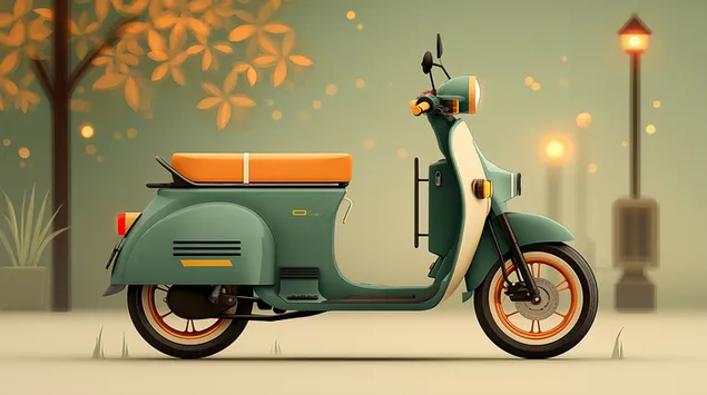 Vintage-stijl scooter geparkeerd in een stadspark bij schemering 2K achtergrond