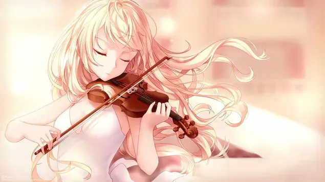 Nghệ sĩ violin xinh đẹp anime cô gái tóc vàng với mái tóc vàng và chiếc váy trắng chơi violin tải xuống
