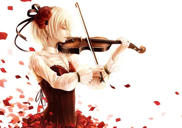 Violinist beautiful anime girl in red white dress plays the violin 2K  wallpaper download