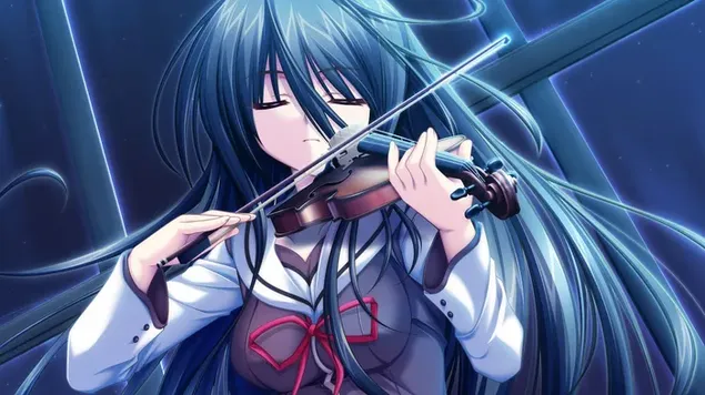 La bella ragazza anime violinista con i capelli blu e il vestito bianco blu suona il violino 2K sfondo