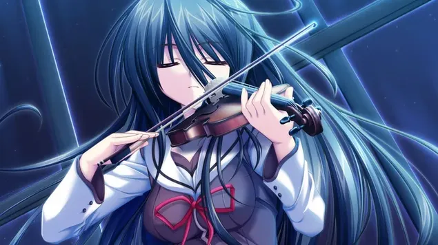 Cô gái xinh đẹp trong anime chơi violin với mái tóc xanh và chiếc váy xanh trắng chơi violin