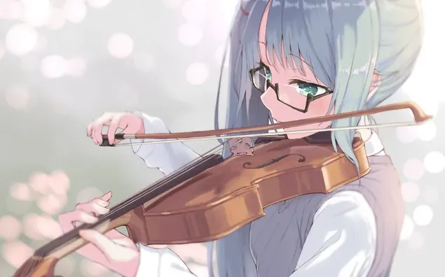 Cô gái xinh đẹp trong anime chơi violin với mái tóc màu xám và chiếc váy xám chơi violin tải xuống