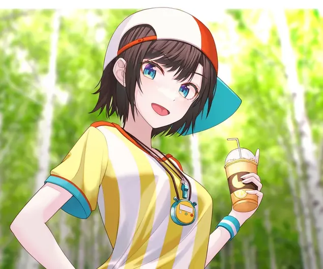 virtualus youtuber anime personazas geltona suknele, skrybele, pozuojantis su gerimu rankoje atsisiusti