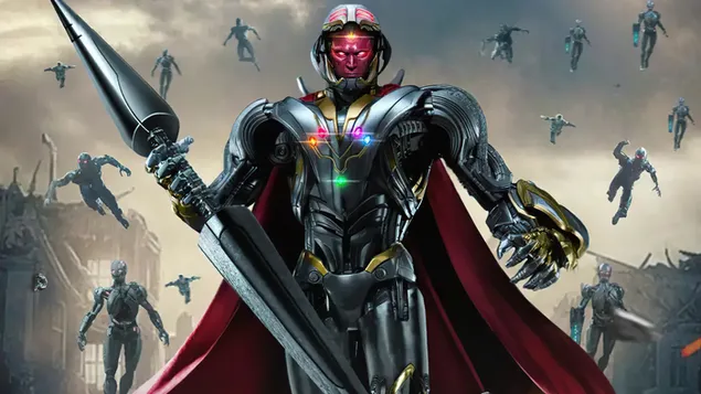 Vision Hold's All Infinity Stones en zijn Ultron-leger achter hem 4K achtergrond