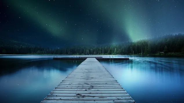Vista al lago con árboles y camino de madera al atardecer de la aurora boreal y el cielo estrellado