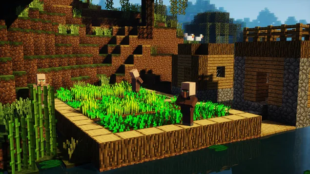 Vista gráfica de edificios y espacios verdes en el videojuego Microsoft Minecraft