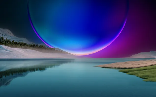 Visual de una luna llena azul y violeta detrás de la hierba y la arena que se refleja en el agua