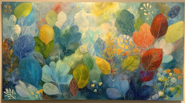 Lewendige Botaniese Abstrakte Gemengde Media Kuns met Blaarwerk 2K muurpapier