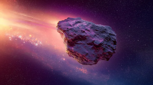 깊은 우주에서 빛나는 궤적을 그리는 선명한 보라색 운석 2K 배경화면