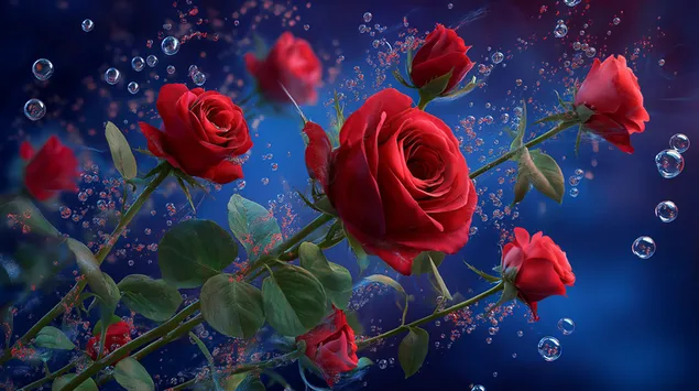 ดอกกุหลาบสีแดงสดและฟองสบู่เต้นรำบนสีน้ำเงินเข้ม 2K วอลเปเปอร์