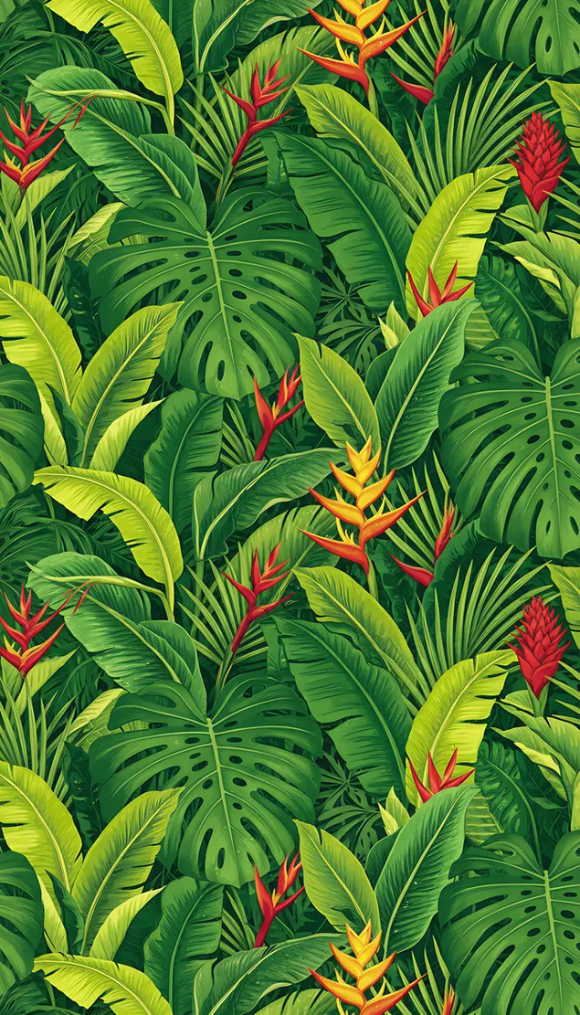 model me gjethe tropikale te gjalla dhe lule te kuqe shkarkim