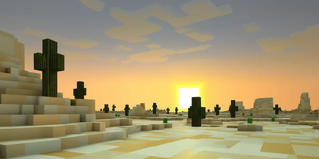 voksel'niy art pustel'niy peyzazh z kubichnimi kaktusami ta kvadratnim sontsem zavantazhiti