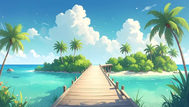 הליכה על מזח אי טרופי עם עצי דקל ומים טורקיז 8K טפט