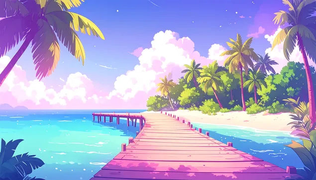 Šetnja drvenim molom prema tropskoj plaži s palmama 8K pozadina