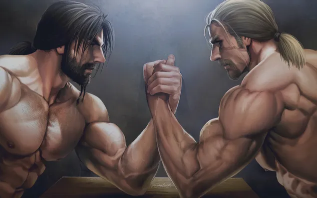 腕相撲テーブルで腕相撲をしている2人の筋肉質の長髪アスリート