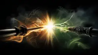 Tapeta Střet hůlek: Dramatický magický souboj s energetickým výbuchem 2K