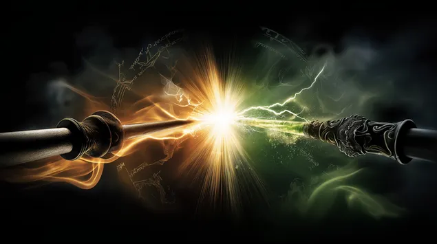 Botsende toverstokken: dramatisch magisch duel met energiestoot 2K achtergrond