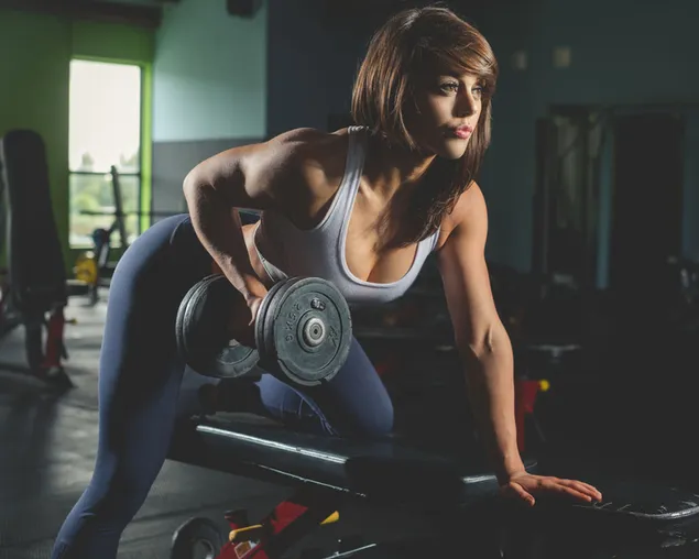 Wanita cantik sedang berolahraga beban dengan dumbel, di gym unduhan