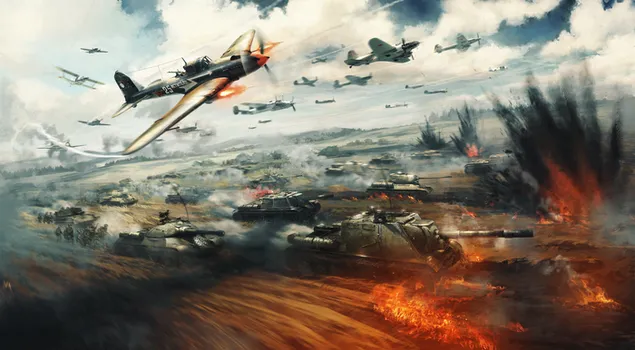 War Thunder ゲーム - 戦闘中の飛行機と戦車