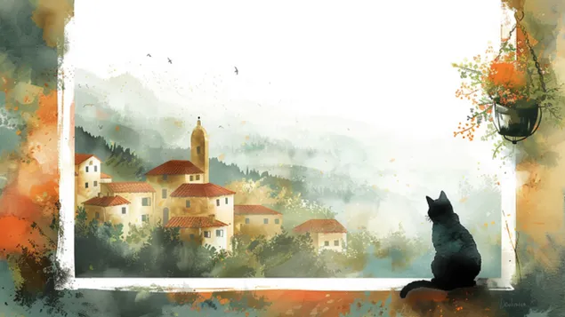 warm bleck vun enger duerfkat an aquarell eroflueden