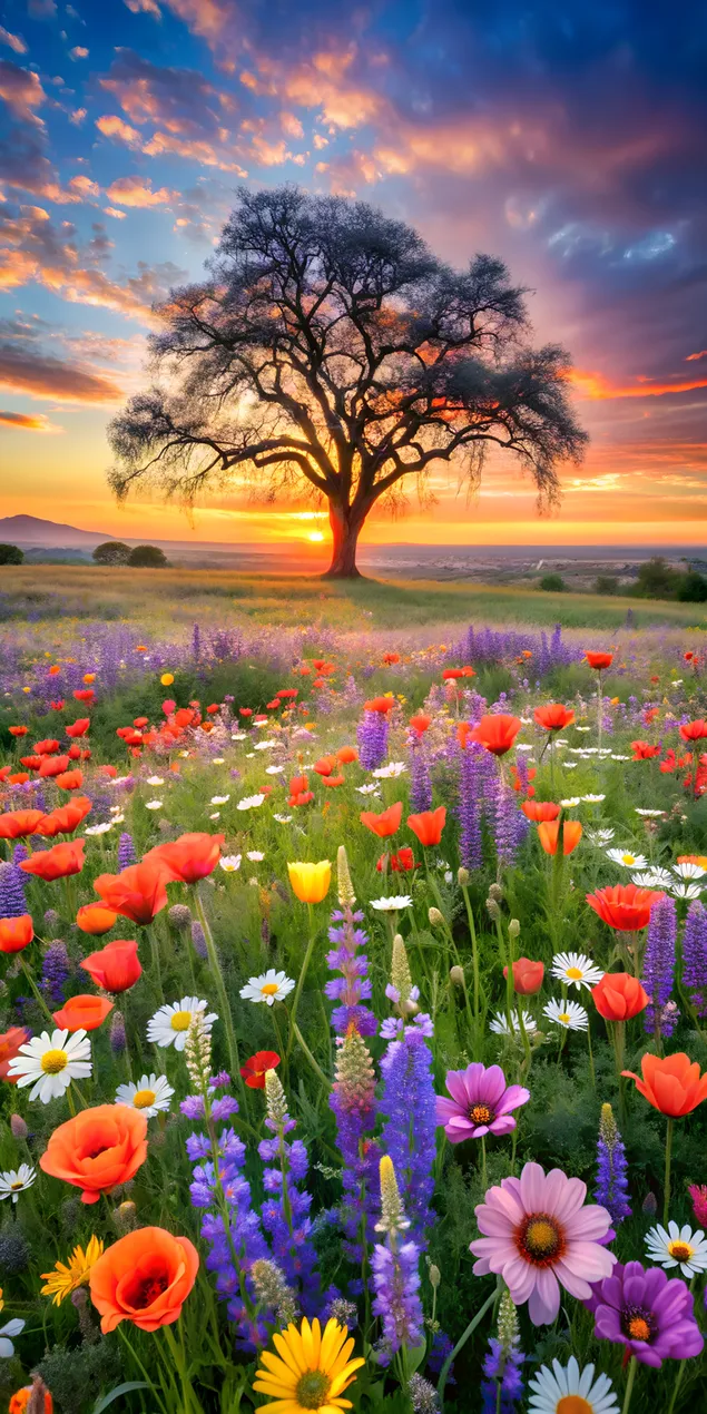 warm sonsondergang in die blomveld aflaai