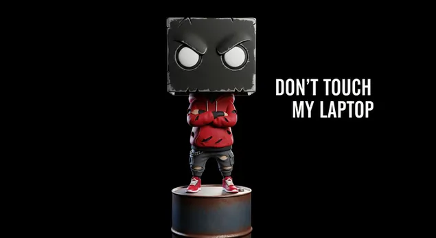 Įspėjamoji dėžutės figūra saugo daiktus ir sako „Neliesk mano nešiojamojo kompiuterio“ 4K ekrano užsklanda