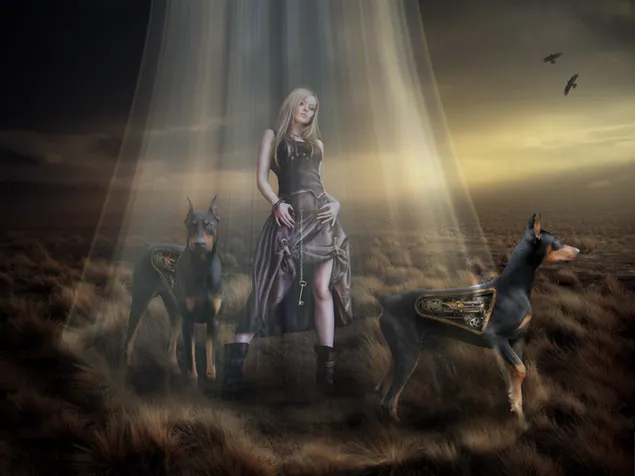 Warrior ir jos du dobermanai 2K ekrano užsklanda