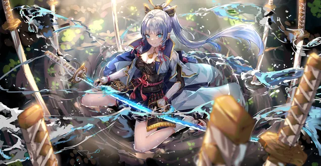 Warrior anime-meisje met blauw haar met blauw lichtzwaard in de hand op het slagveld