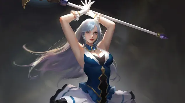 นักรบสาวอนิเมะแสนสวยในชุดมินิเดรสถือดาบในมือ 4K วอลเปเปอร์