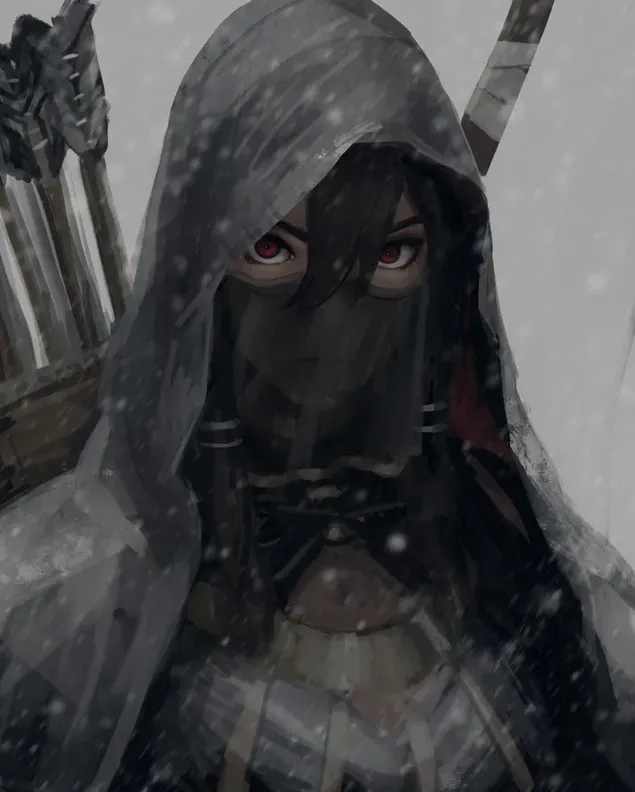 Mirada guerrera de hermosa mujer anime con ojos rojos con flechas en la espalda y vestido negro 2K fondo de pantalla