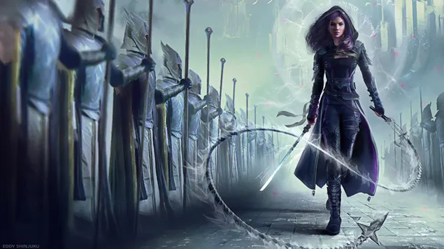 Kario mergina ir riteriai 4K ekrano užsklanda