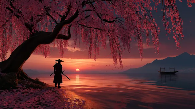 voyin pid plakuchim kvituchim derevom na zakhodi sontsya na berezi ozera zavantazhiti