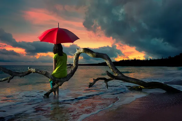 Ser havets solnedgang med rød paraply download