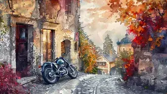 Tapeta Akvarelové umělecké dílo klasického motocyklu v evropské vesnici 8K