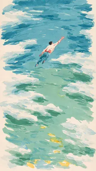 watercolor illustration of man swimming through calm blue and green textured rippling water surface download