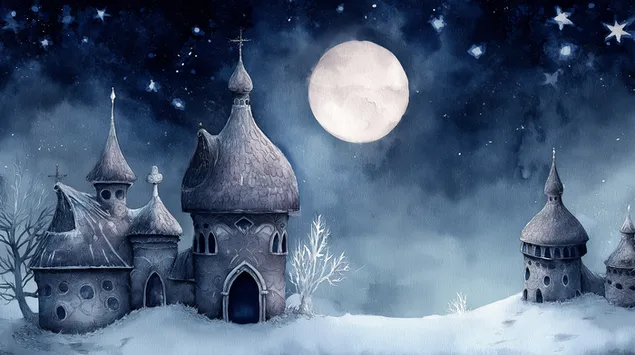 ציור בצבעי מים של טירה פנטסטית תחת ירח מלא 2K טפט